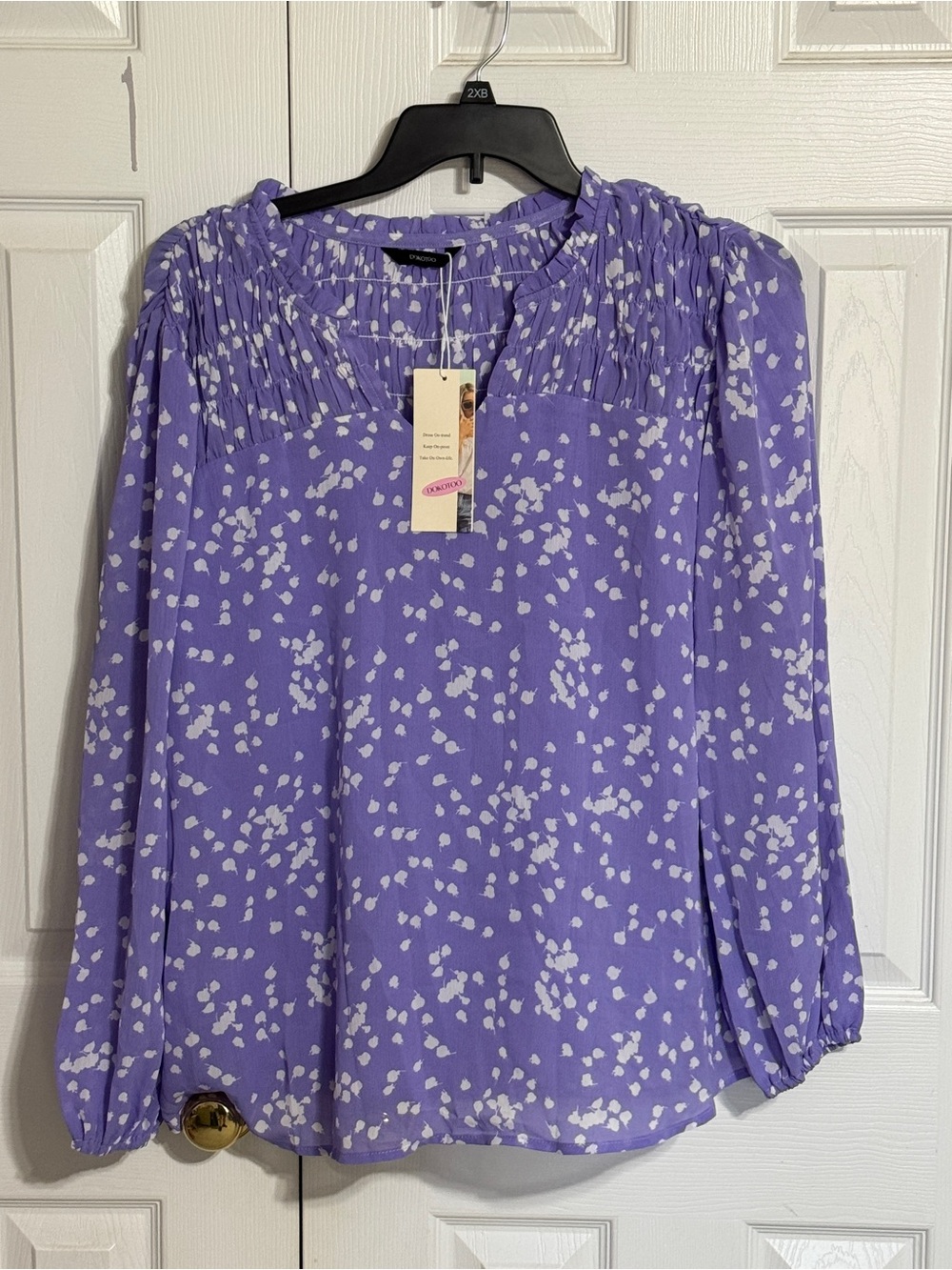 Lavender Printed Long-Sleeve Blouse with Smocked Yoke
